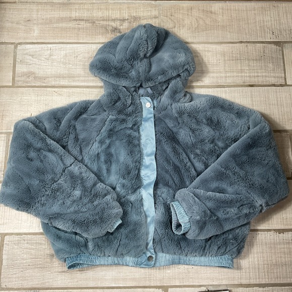 Free People Movement Love It Jacket Hooded Crop Faux Fur Blue Large - Picture 3 of 11